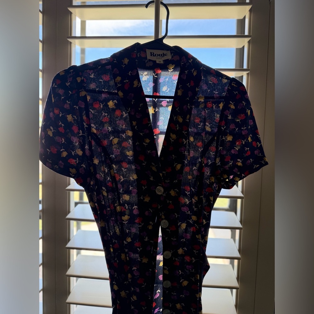 Rouje Marin Navy Floral Button-Front Midi Dress Size 34 - Picture 4 of 7
